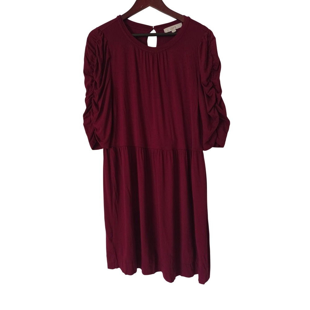 LOFT Dress LOFT Ruched Puff Sleeve Babydoll Swing Dress Burgandy Red Size XL